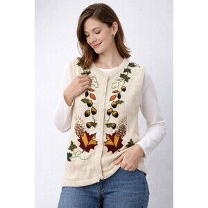 Womens Knit Sweater Vest L C Acorn Embroidered Button Front Retro